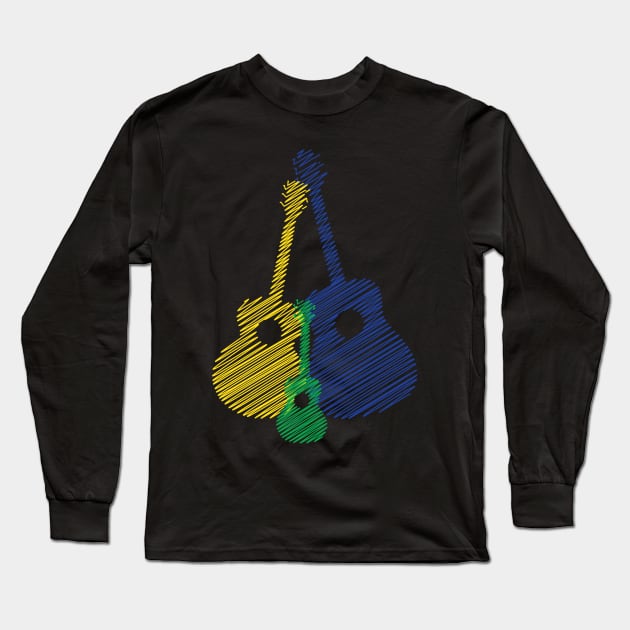 Artistic Acoustic Guitar Design - Guitar Art - Blue Yellow Green Long Sleeve T-Shirt by WIZECROW